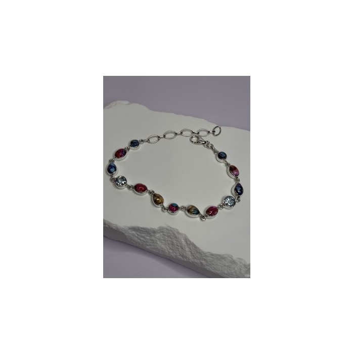 925 Sterling Silver Oyster Turquoise & Topaz Bracelet Length 6-8 Inch