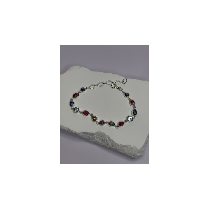 925 Sterling Silver Oyster Turquoise & Topaz Bracelet Length 6-8 Inch