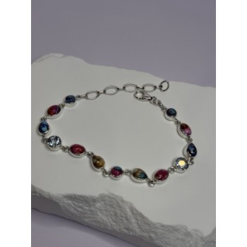 925 Sterling Silver Oyster Turquoise & Topaz Bracelet Length 6-8 Inch