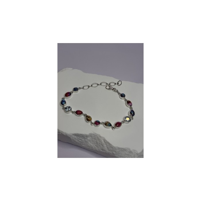 925 Sterling Silver Oyster Turquoise & Topaz Bracelet Length 6-8 Inch