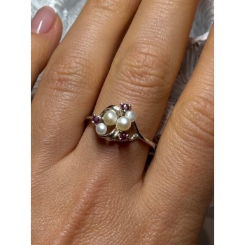 925 STERLING SILVER PEARLS & RUBY RING SIZE 8