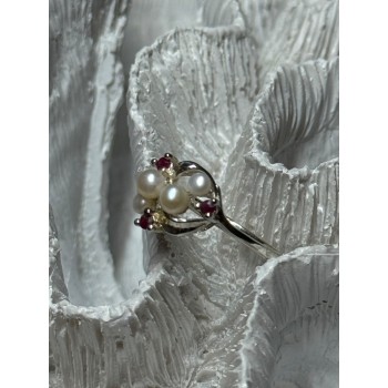 925 STERLING SILVER PEARLS & RUBY RING SIZE 8