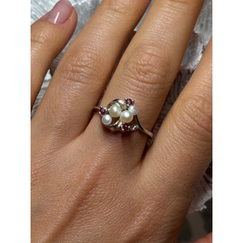925 STERLING SILVER PEARLS & RUBY RING SIZE 8
