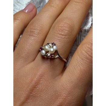 925 STERLING SILVER PEARLS & RUBY RING SIZE 8