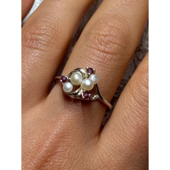925 STERLING SILVER PEARLS & RUBY RING SIZE 8