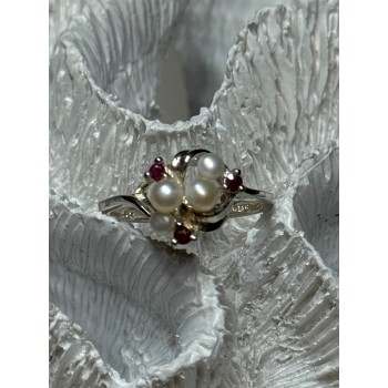 925 STERLING SILVER PEARLS & RUBY RING SIZE 8