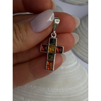 925 Sterling Silver Amber Cross Pendant Length 1.50 inch