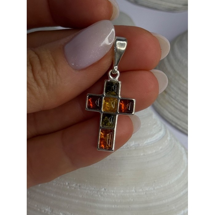 925 Sterling Silver Amber Cross Pendant Length 1.50 inch