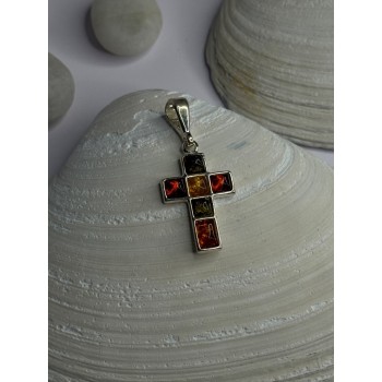 925 Sterling Silver Amber Cross Pendant Length 1.50 inch