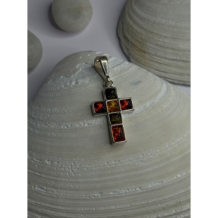 925 Sterling Silver Amber Cross Pendant Length 1.50 inch