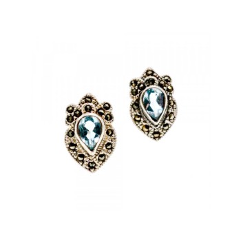 925 Sterling Silver Topaz & Marcasites Stud Earrings
