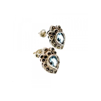925 Sterling Silver Topaz & Marcasites Stud Earrings