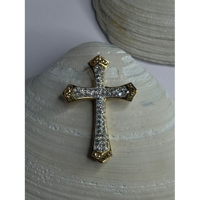 925 Sterling Silver Gold Plated Cz Cross Pendant Length 1.45 inch