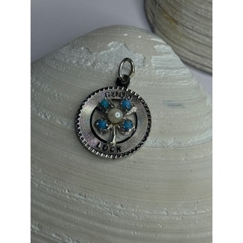 M&M 925 Sterling Silver Good Luck Pearl & Larimar Pendant Length 1.10 inch