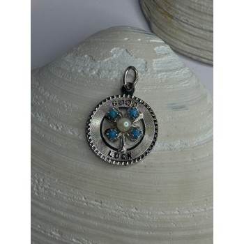 M&M 925 Sterling Silver Good Luck Pearl & Larimar Pendant Length 1.10 inch