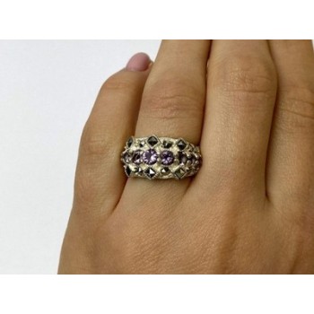 925 Sterling Silver Iolite & Marcasite Ring Size 6.5