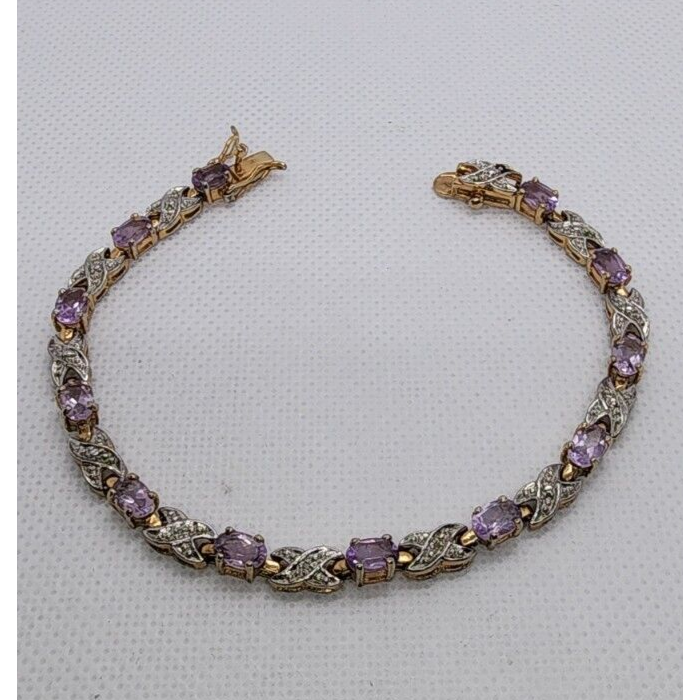 925 STERLING SILVER  VERMEIL MORGANITE AND DIAMONDS BRACELET SIZE 7.25 IN