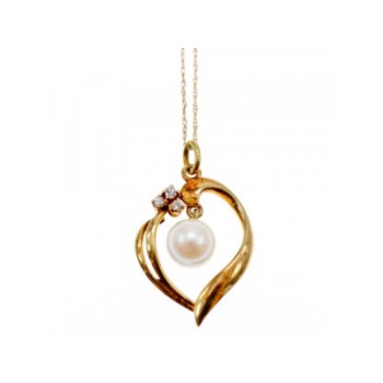 14 K YELLOW GOLD PEARL & DIAMONDS CHAIN WITH PENDANT