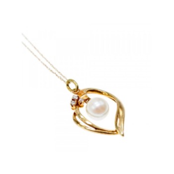 14 K YELLOW GOLD PEARL & DIAMONDS CHAIN WITH PENDANT