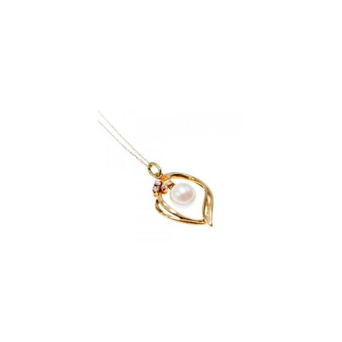 14 K YELLOW GOLD PEARL & DIAMONDS CHAIN WITH PENDANT