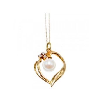 14 K YELLOW GOLD PEARL & DIAMONDS CHAIN WITH PENDANT