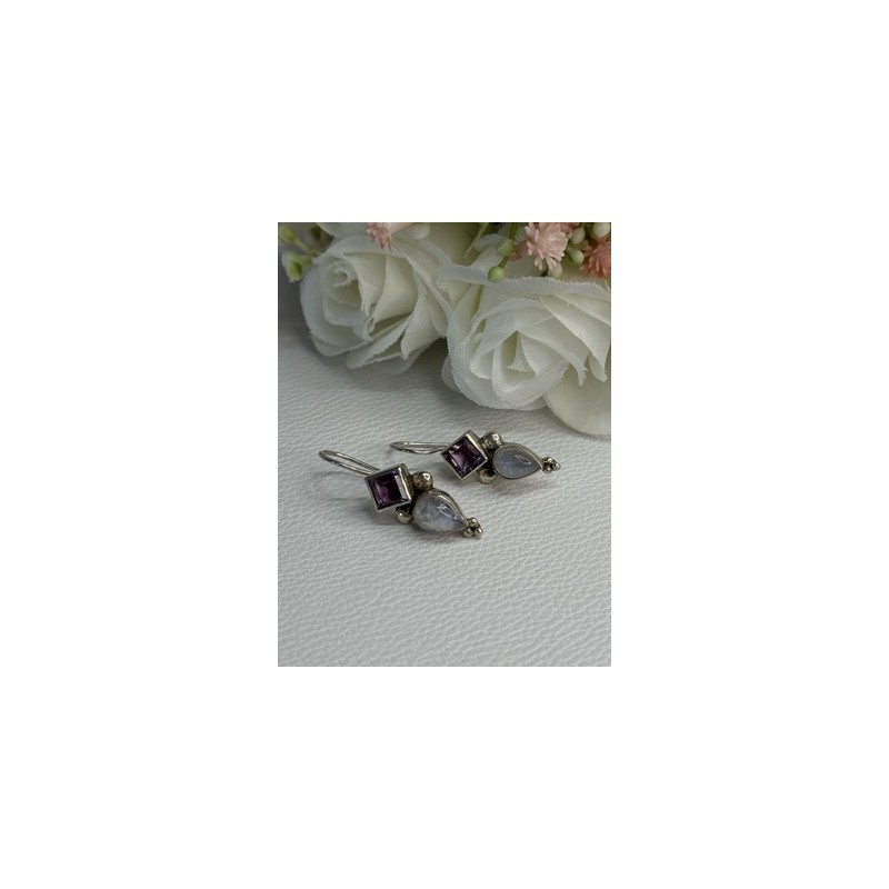 925 Sterling Silver Amethyst & Moonstone Earrings Length 1.30 Inch
