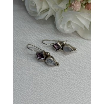 925 Sterling Silver Amethyst & Moonstone Earrings Length 1.30 Inch