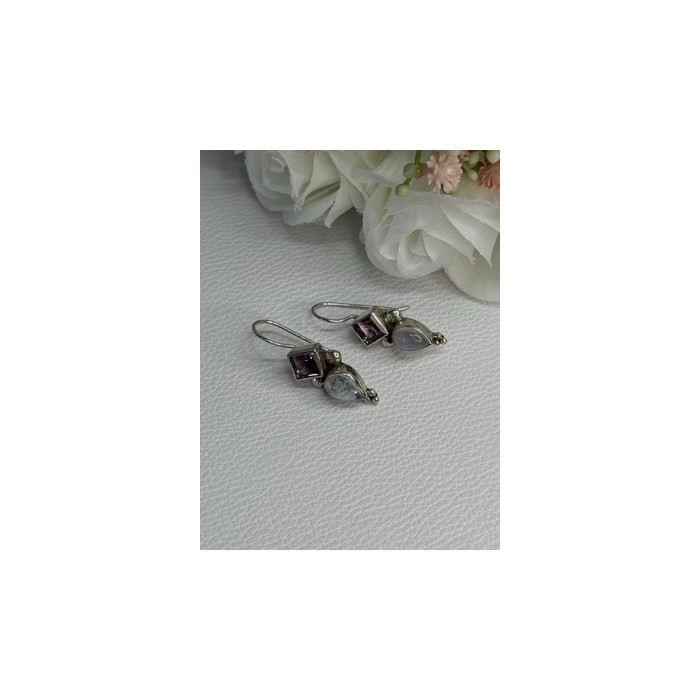925 Sterling Silver Amethyst & Moonstone Earrings Length 1.30 Inch