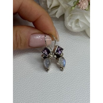 925 Sterling Silver Amethyst & Moonstone Earrings Length 1.30 Inch