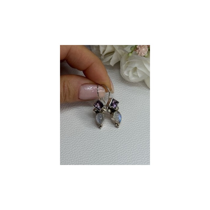 925 Sterling Silver Amethyst & Moonstone Earrings Length 1.30 Inch