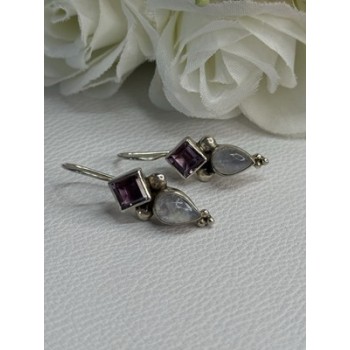 925 Sterling Silver Amethyst & Moonstone Earrings Length 1.30 Inch
