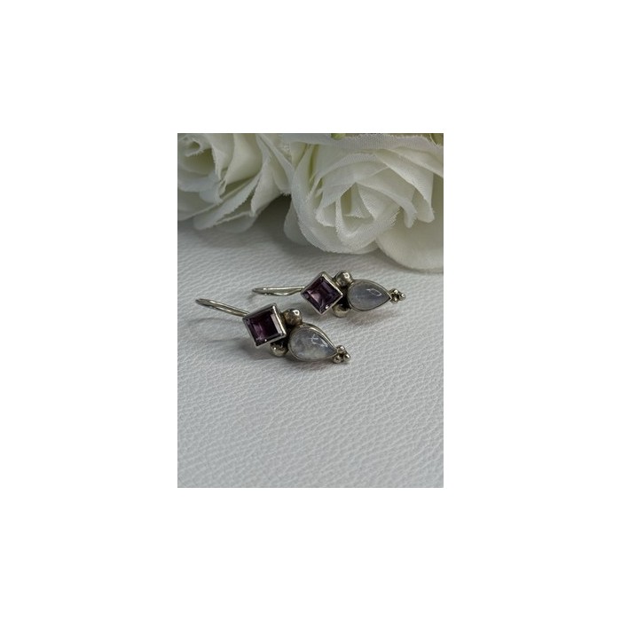 925 Sterling Silver Amethyst & Moonstone Earrings Length 1.30 Inch