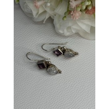 925 Sterling Silver Amethyst & Moonstone Earrings Length 1.30 Inch