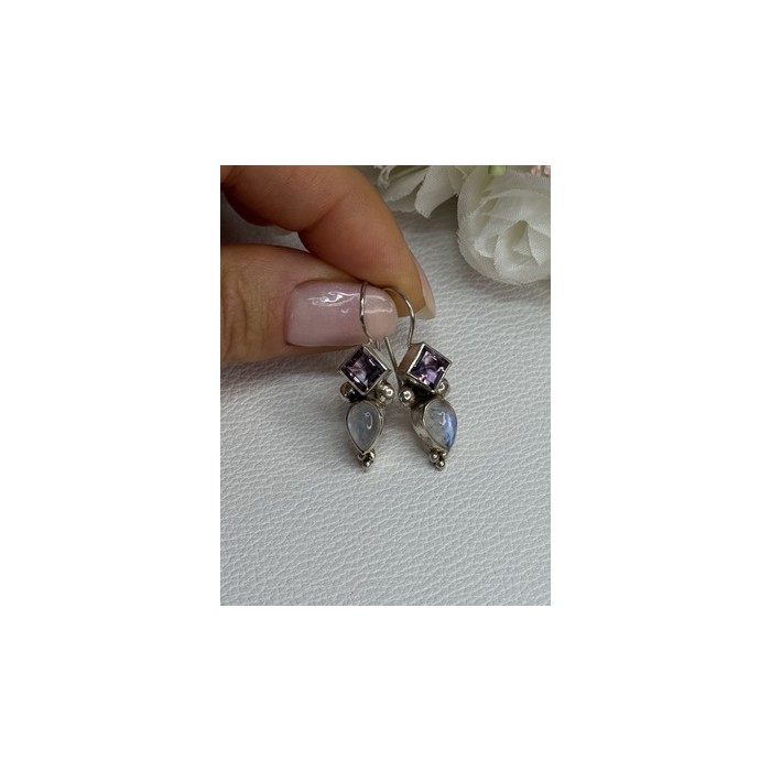 925 Sterling Silver Amethyst & Moonstone Earrings Length 1.30 Inch