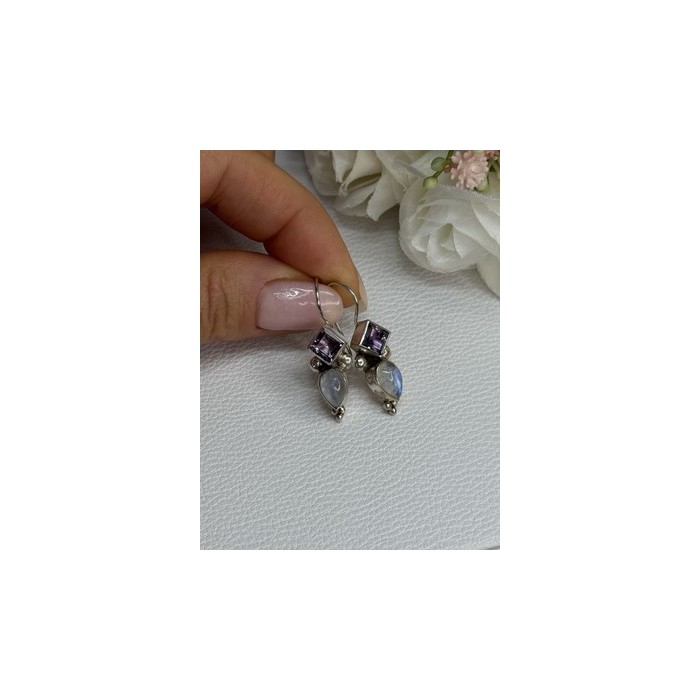 925 Sterling Silver Amethyst & Moonstone Earrings Length 1.30 Inch