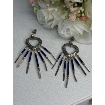 Vintage Native American 925 Sterling Silver Lapis Earrings Length 2.50 Inch