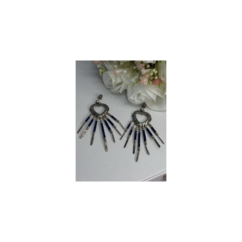 Vintage Native American 925 Sterling Silver Lapis Earrings Length 2.50 Inch