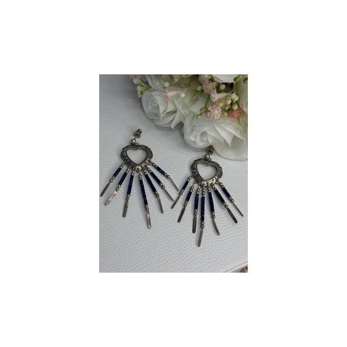 Vintage Native American 925 Sterling Silver Lapis Earrings Length 2.50 Inch