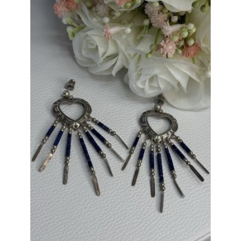 Vintage Native American 925 Sterling Silver Lapis Earrings Length 2.50 Inch