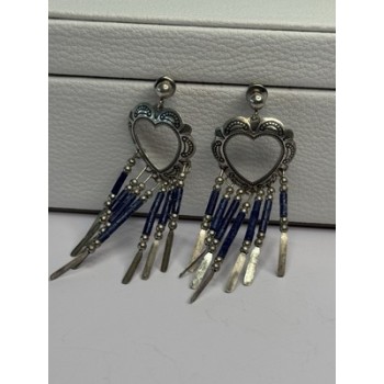 Vintage Native American 925 Sterling Silver Lapis Earrings Length 2.50 Inch