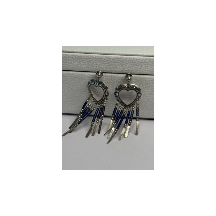 Vintage Native American 925 Sterling Silver Lapis Earrings Length 2.50 Inch