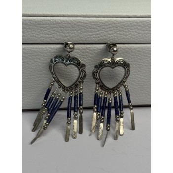 Vintage Native American 925 Sterling Silver Lapis Earrings Length 2.50 Inch
