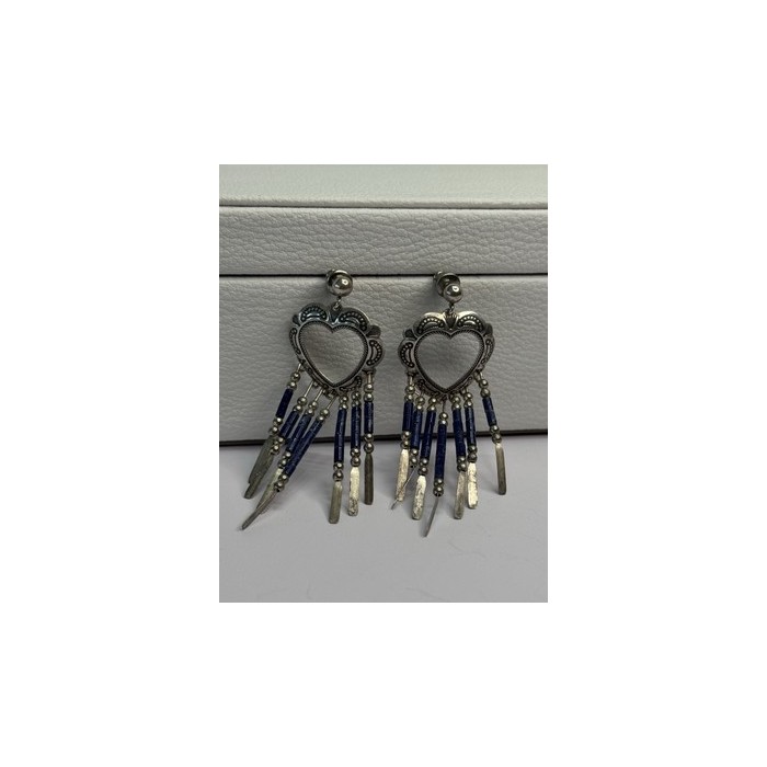 Vintage Native American 925 Sterling Silver Lapis Earrings Length 2.50 Inch