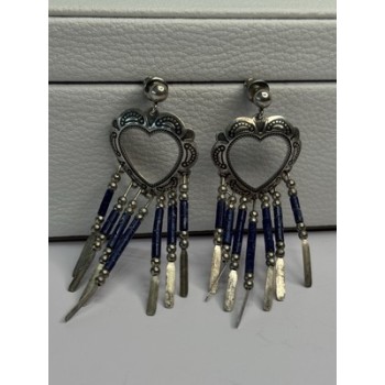 Vintage Native American 925 Sterling Silver Lapis Earrings Length 2.50 Inch