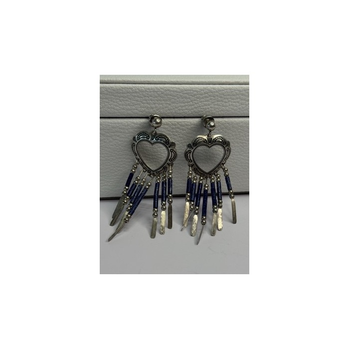 Vintage Native American 925 Sterling Silver Lapis Earrings Length 2.50 Inch