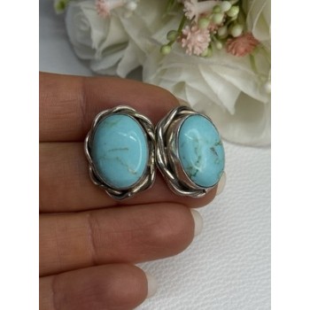 Vintage Elegant 925 Sterling Silver Turquoise Earrings Length 0.93 Inch