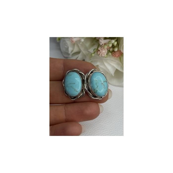 Vintage Elegant 925 Sterling Silver Turquoise Earrings Length 0.93 Inch