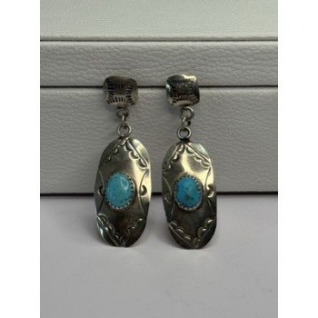 Vintage Native American 925 Sterling Turquoise Silver Earrings Length 1.90 Inch