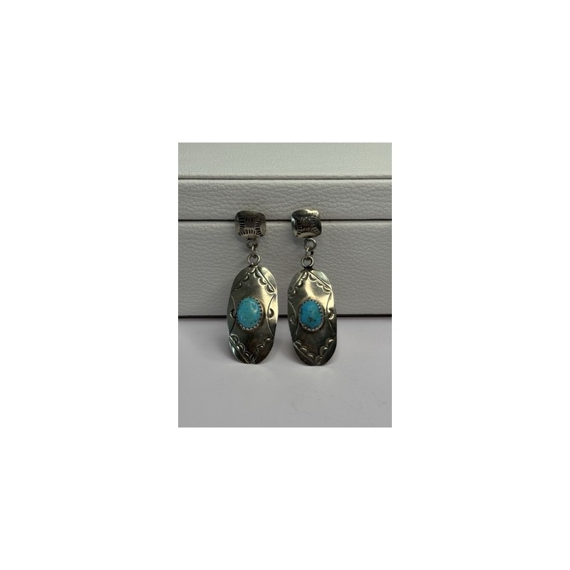 Vintage Native American 925 Sterling Turquoise Silver Earrings Length 1.90 Inch