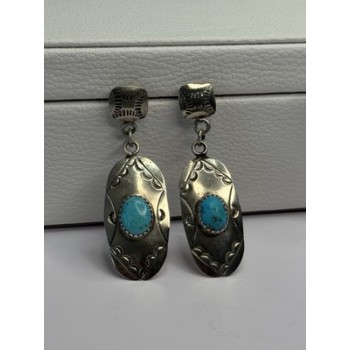 Vintage Native American 925 Sterling Turquoise Silver Earrings Length 1.90 Inch